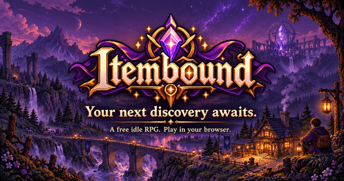Itembound title artwork: a fantasy valley at dusk with a stone bridge, a lantern-lit inn, and a traveler resting on a hillside